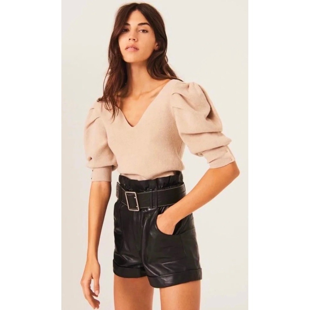 BA&SH Harris Puff Sleeve Wool Blend Rib V-Neck Sweater Solid Beige Knit X-Small